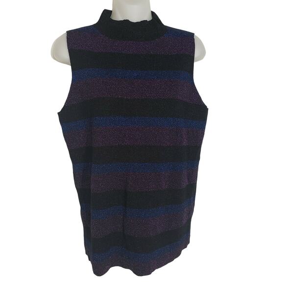 Nine West Womens Sweater Medium Mock Neck Sparkle Multicolor Stripe Sleeveless - Picture 1 of 9
